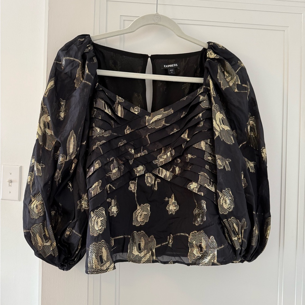 Express Black and Gold Puff Sleeve Blouse
